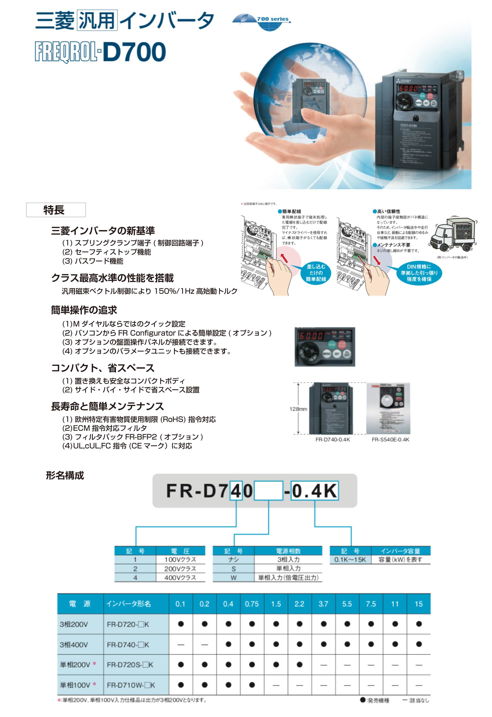 汎用 簡単?小形インバータ FREQROL-D700シリーズ 三相200V (FR-D720-3.7K) - 3